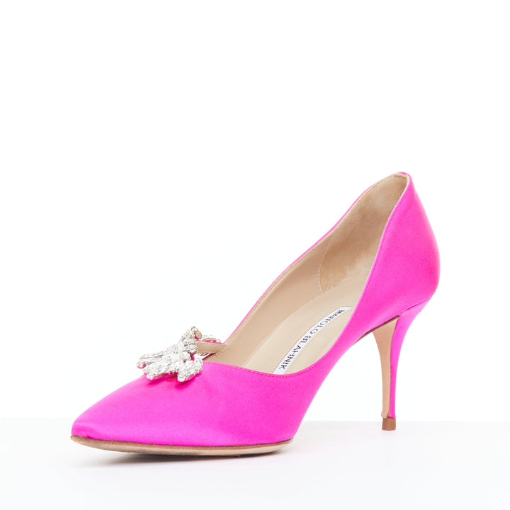 MANOLO BLAHNIK Nadira 75 hot pink satin silver crystal mid pumps EU39