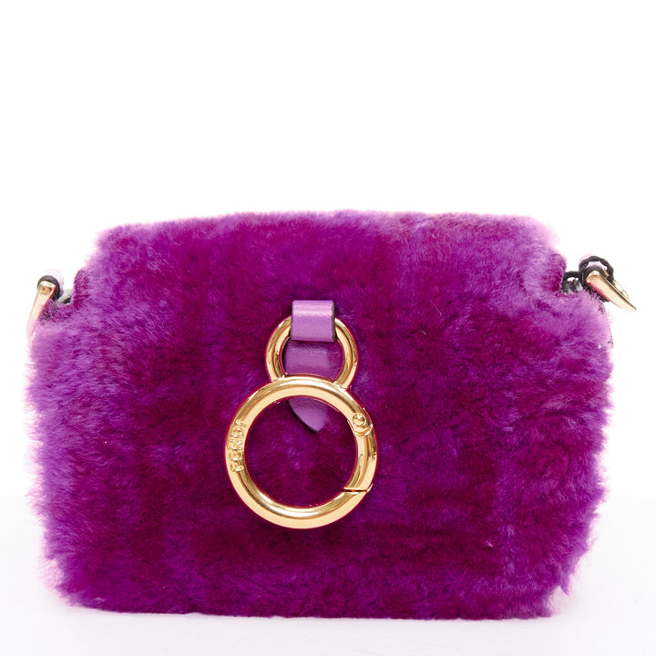 FENDI 2021 Nano Baguette purple shearling FF buckle gold hardware charm bag