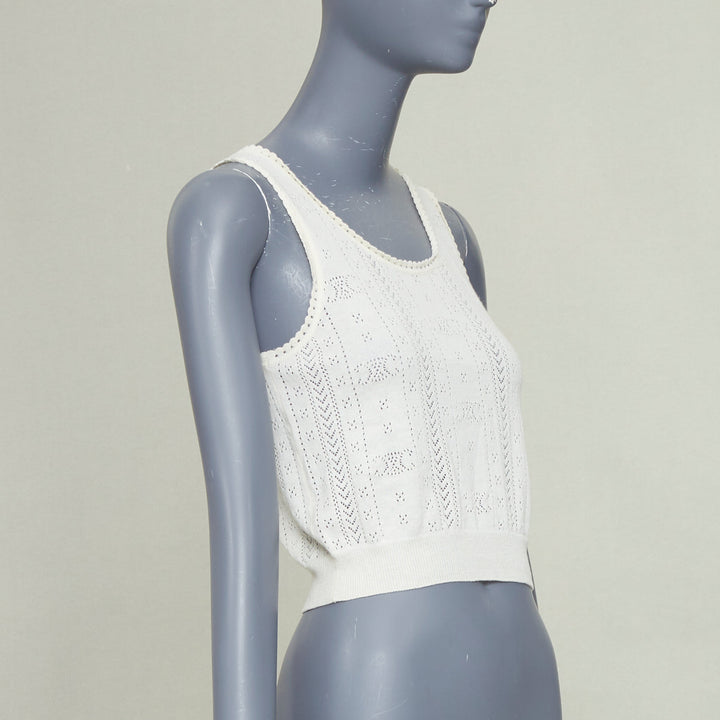 CELINE 2022 Triomphe Logo off white cotton pointelle knit cropped tank top S