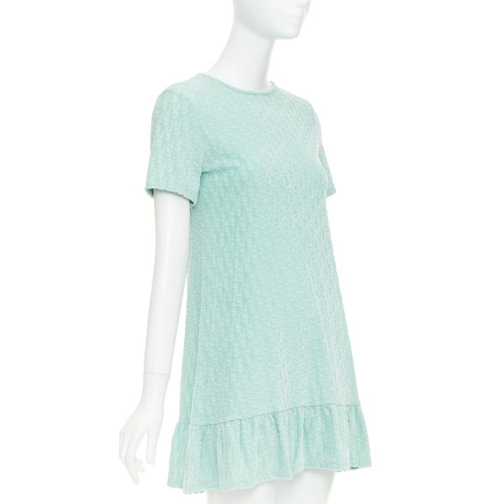CHRISTIAN DIOR KIDS turquoise cotton velour monogram frill mini dress Yr12