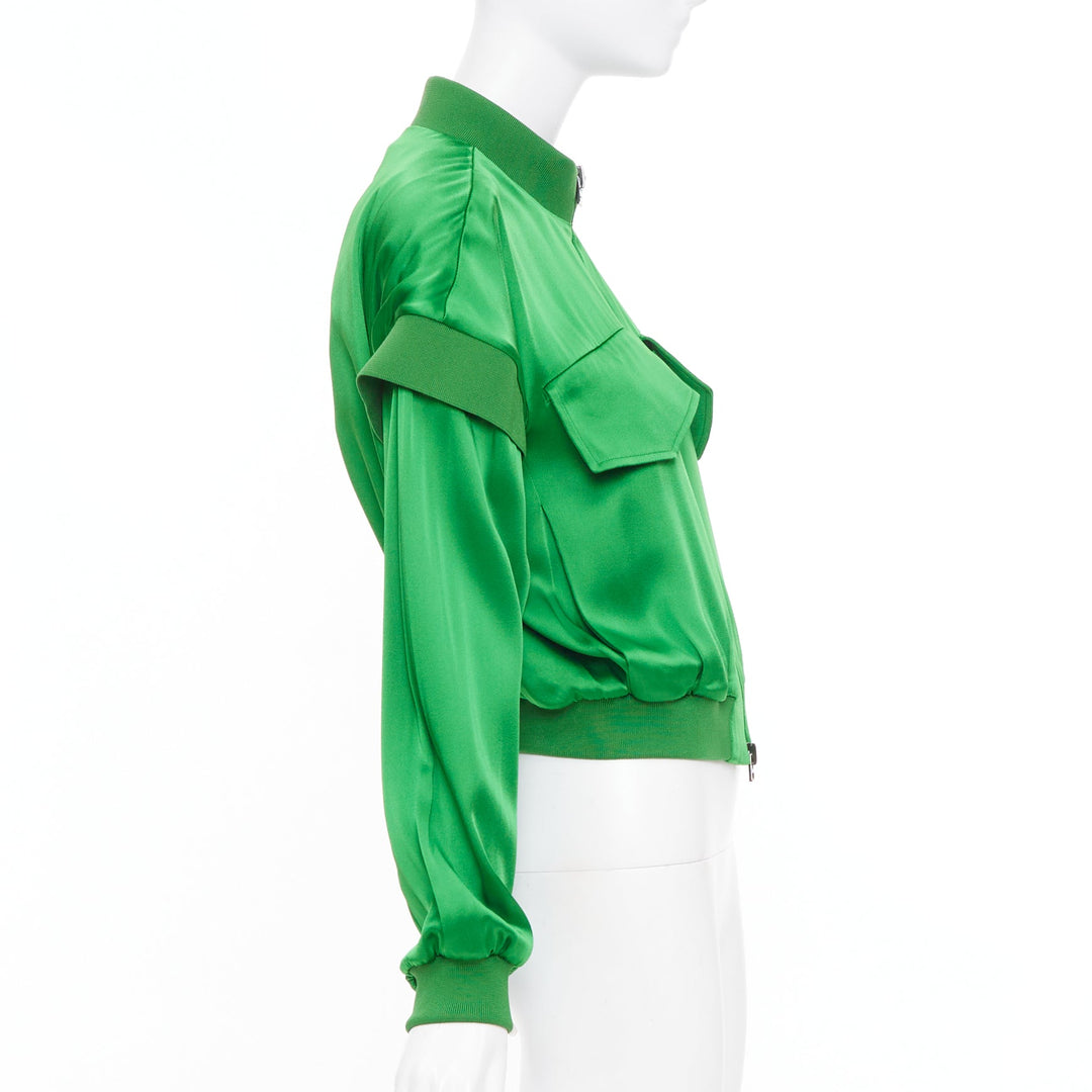 TOM FORD kelly green satin panel long sleeve zip up cropped bomber jacket FR36 S