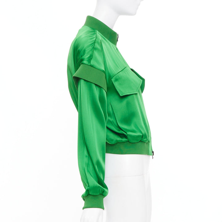 TOM FORD kelly green satin panel long sleeve zip up cropped bomber jacket FR36 S