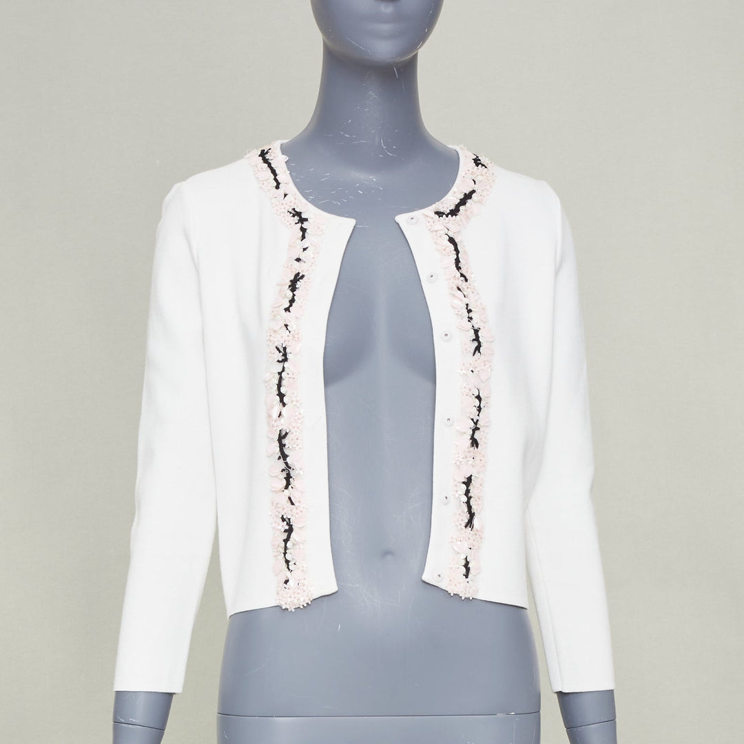 GIAMBATTISTA VALLI petal bead trim white viscose blend cardigan IT38 XXS