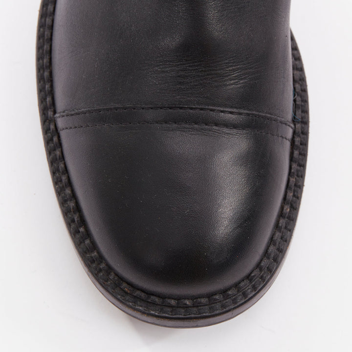 CHANEL black leather quilted CC logo stamp round toe riding boots EU38