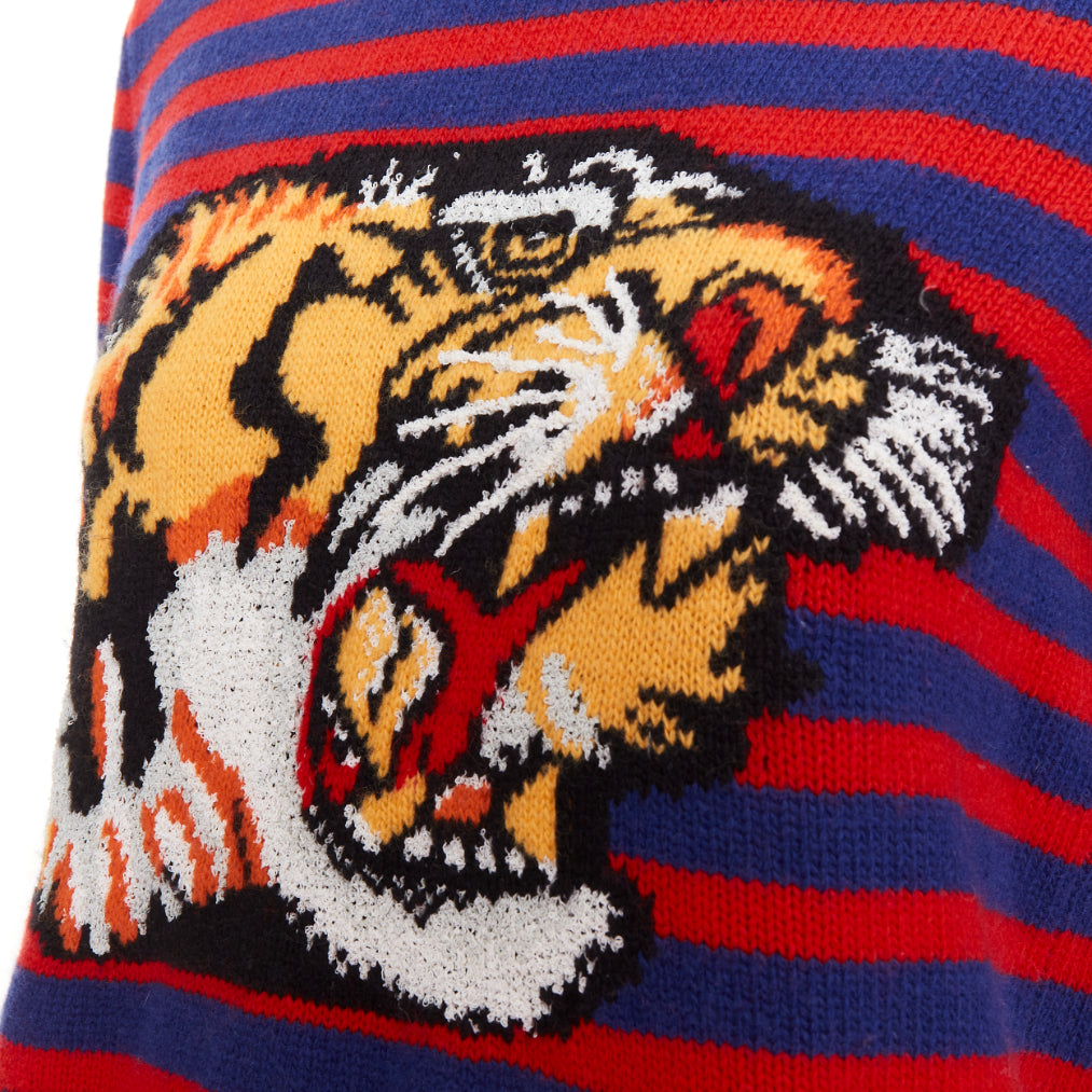GUCCI 2017 Runway wool red blue stripe Tiger Head intarsia crew sweater XS