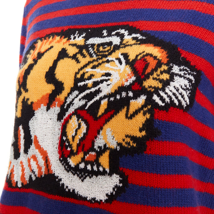 GUCCI 2017 Runway wool red blue stripe Tiger Head intarsia crew sweater XS