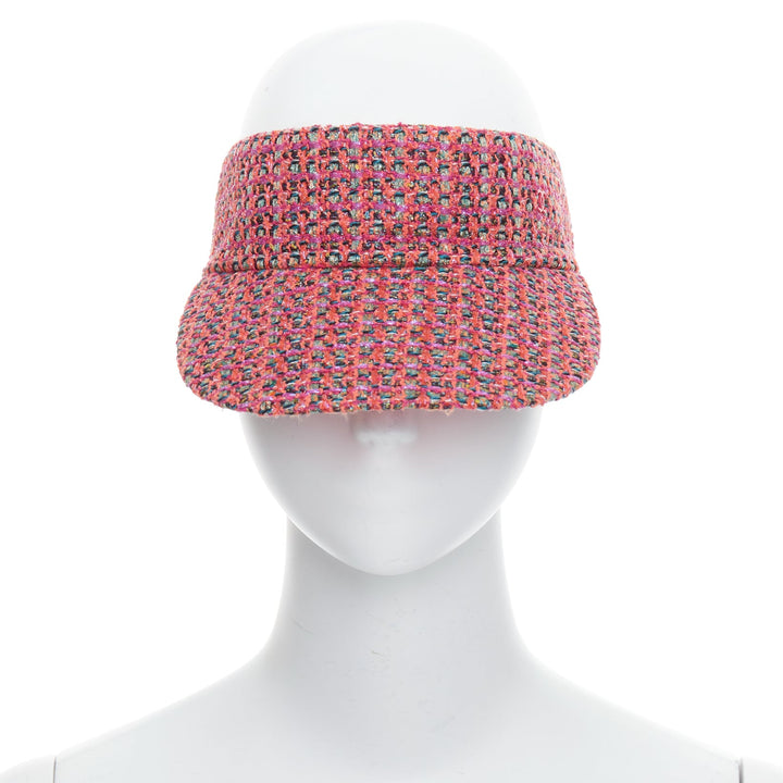 CHANEL pink orange tweed colorful logo lined visor hat
