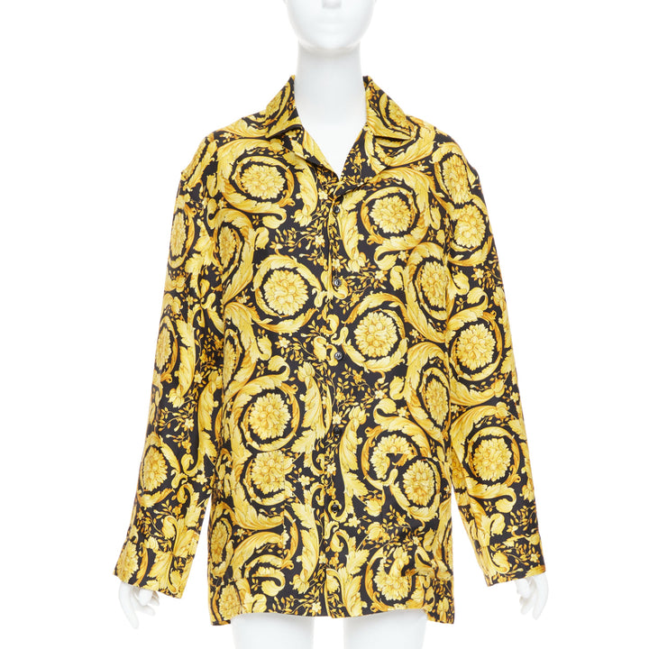 VERSACE 100% silk Signature Barocco Baroque black gold print pajama shirt Sz2 M