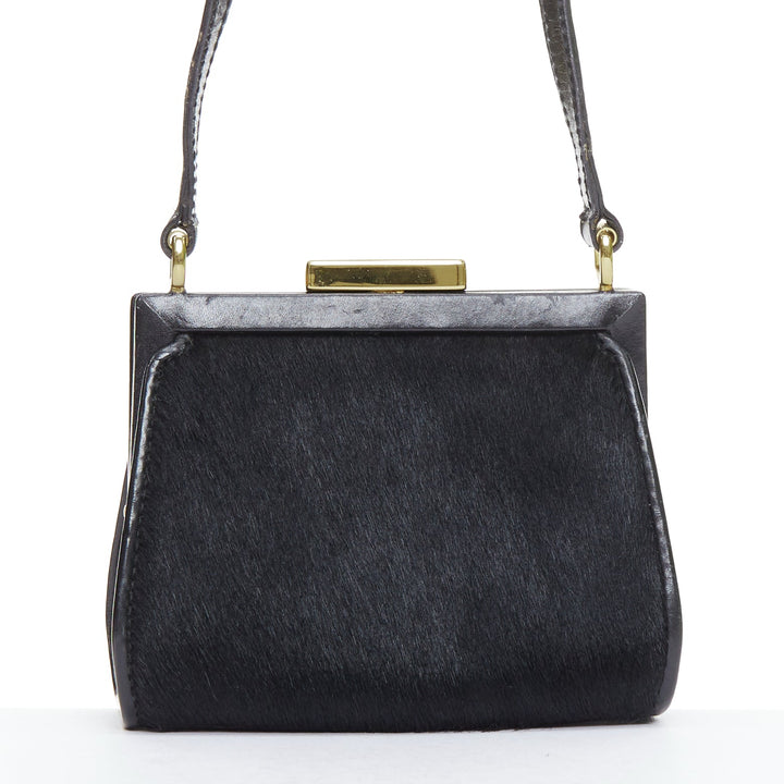 GUCCI Vintage Old Haroco black pony hair gold logo frame crossbody mini bag