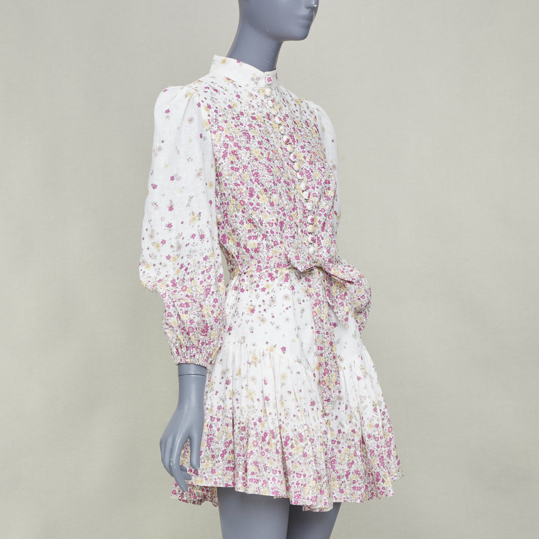 ZIMMERMANN 2020 Carnaby micro flower print white pink linen mini dress Sz1 S