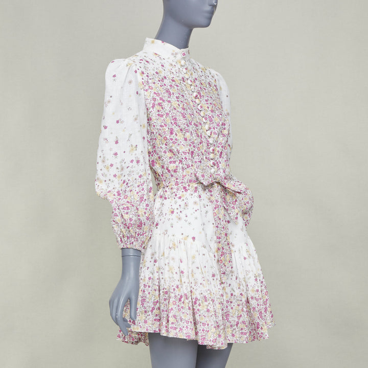 ZIMMERMANN 2020 Carnaby micro flower print white pink linen mini dress Sz1 S