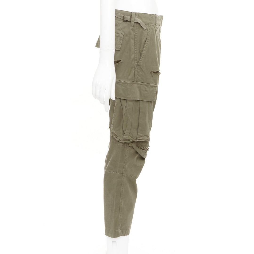 BALMAIN khaki cotton blend ripped chainmail details low waist cargo pants FR36 S