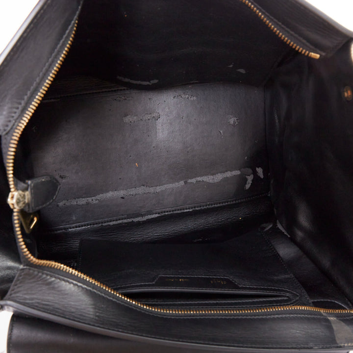 CELINE Trapeze black smooth leather cream canvas crossbody satchel bag