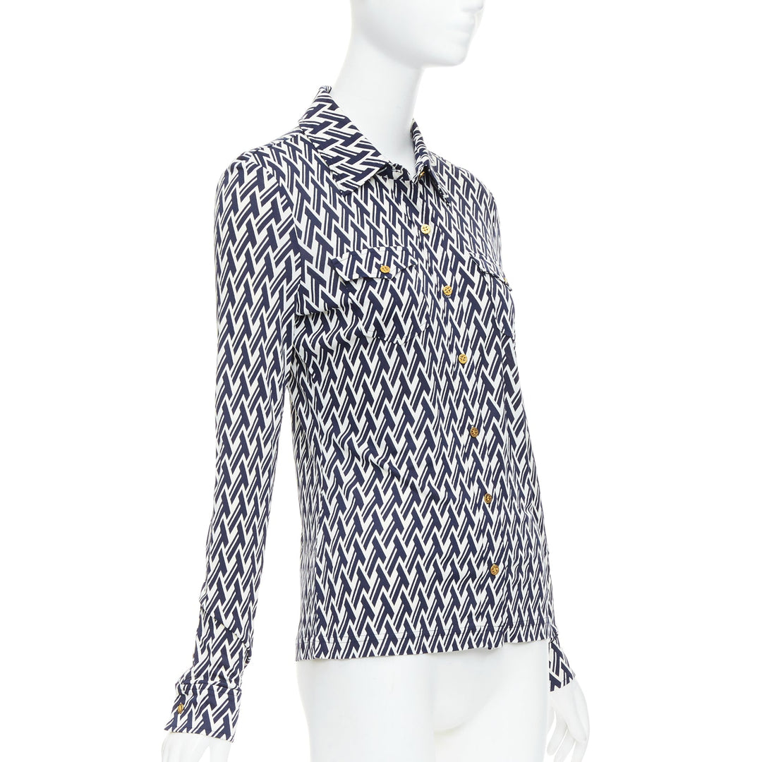 TORY BURCH navy cream T monogram print silk blend shirt XS