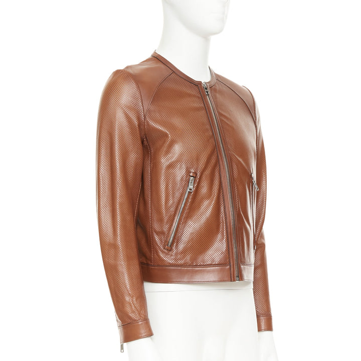 PRADA 2013 brown perforated lambskin leather zip collarless bomber jacket IT46 S