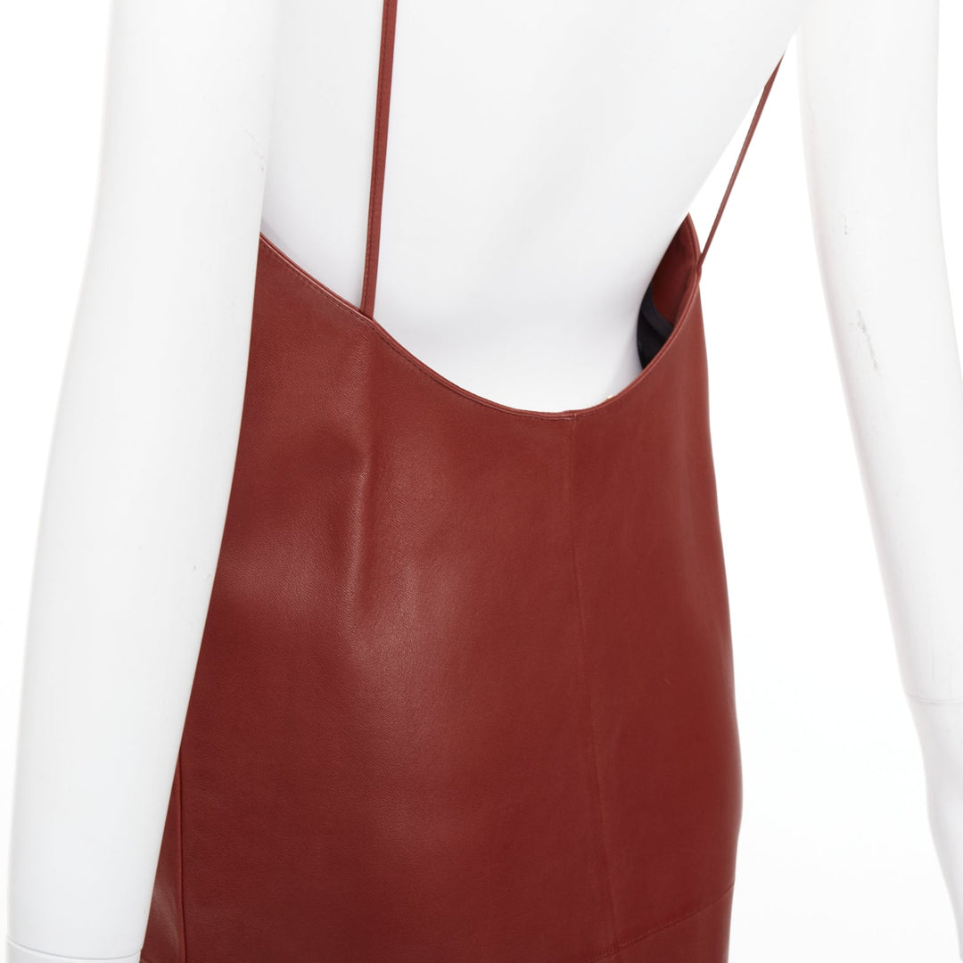 SAINT LAURENT 2024 Goji burgundy lambskin plunge low cut back slip dress FR34 XS