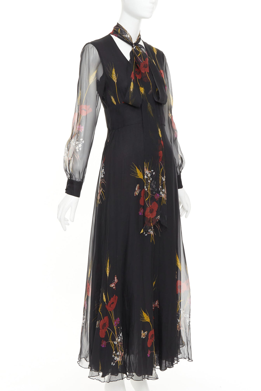 VALENTINO 2019 100% silk black Poppy Meadow chiffon tie neck midi dress IT40 S