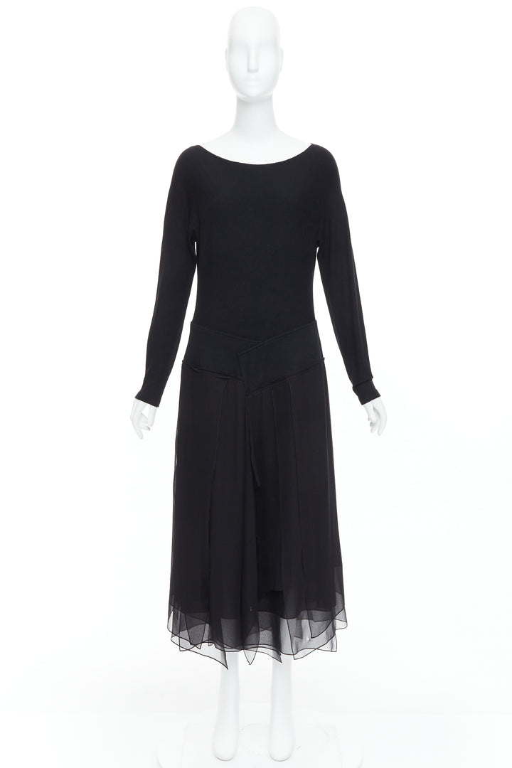 DONNA KARAN Vintage black silk trimmed viscose wool boxy midi dress L