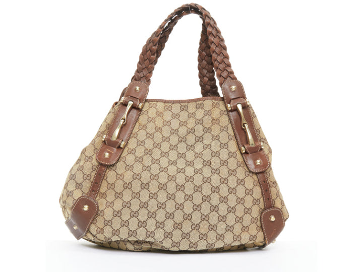 GUCCI Pelham Vintage beige GG monogram canvas brown braided handle boho bag