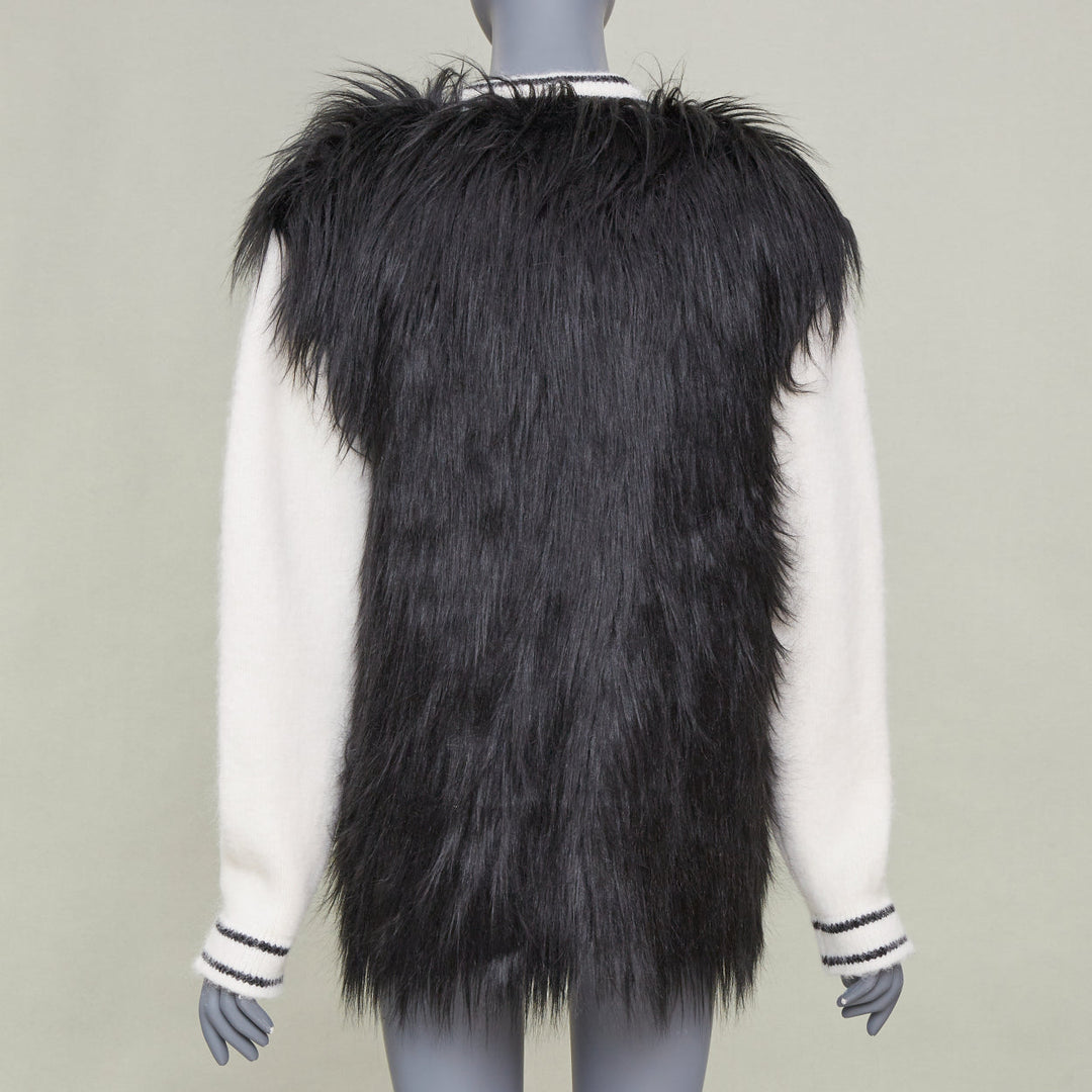 DOLCE GABBANA 2021 Runway faux fur panel logo alpaca knitwear cardigan IT38 XS