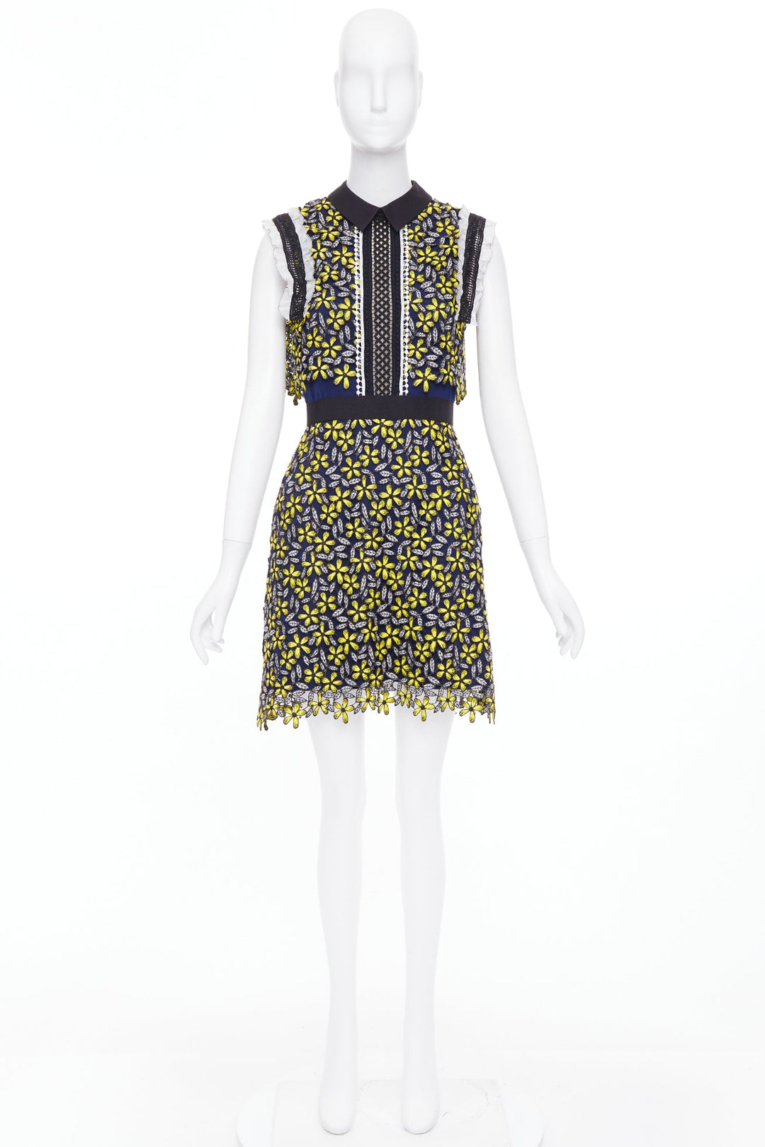 SELF PORTRAIT Eleina Sculpted Daisy Guipure yellow lace floral dress UK4 XXS