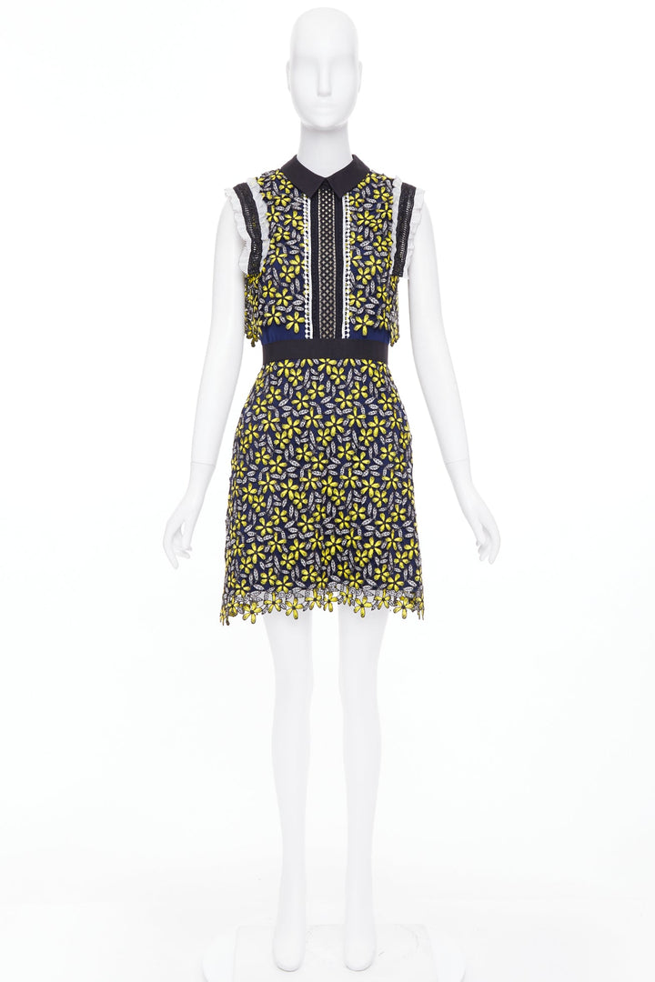 SELF PORTRAIT Eleina Sculpted Daisy Guipure yellow lace floral dress UK4 XXS