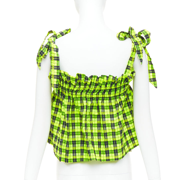 GANNI Checked Seersucker neon green ruffle tie shoulder crop top FR36 S