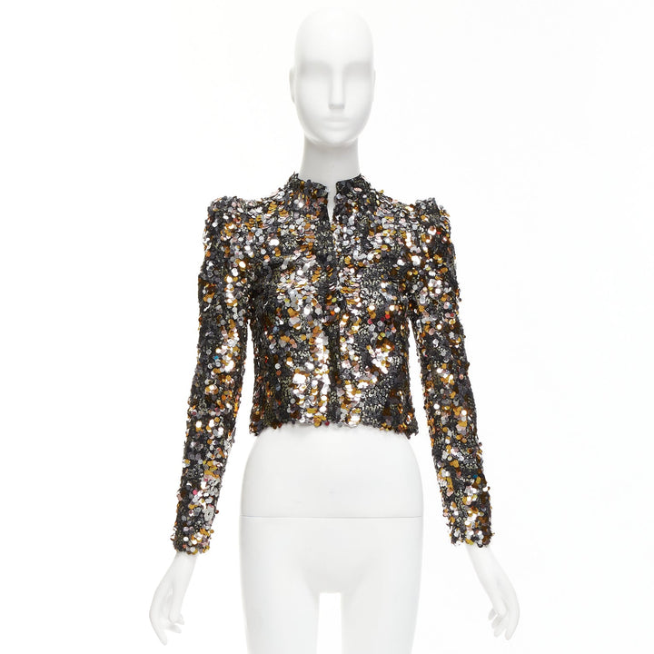 HOUSE OF HARLOW REVOLVE silver gold pailette sequins peak shoulder jacket XXS