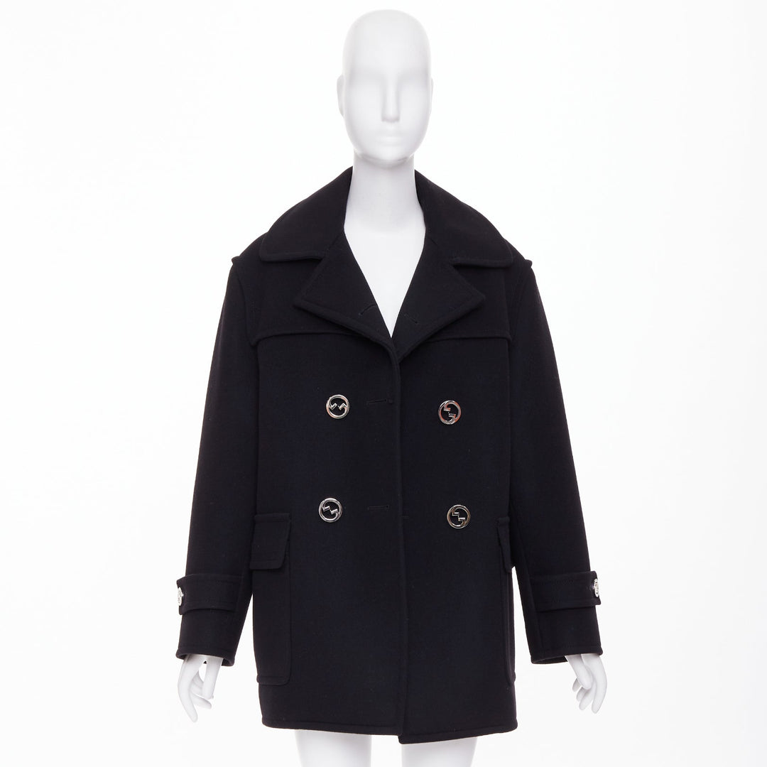 GUCCI 2024 Runway G gold button black batavia wool double breasted coat IT40 S