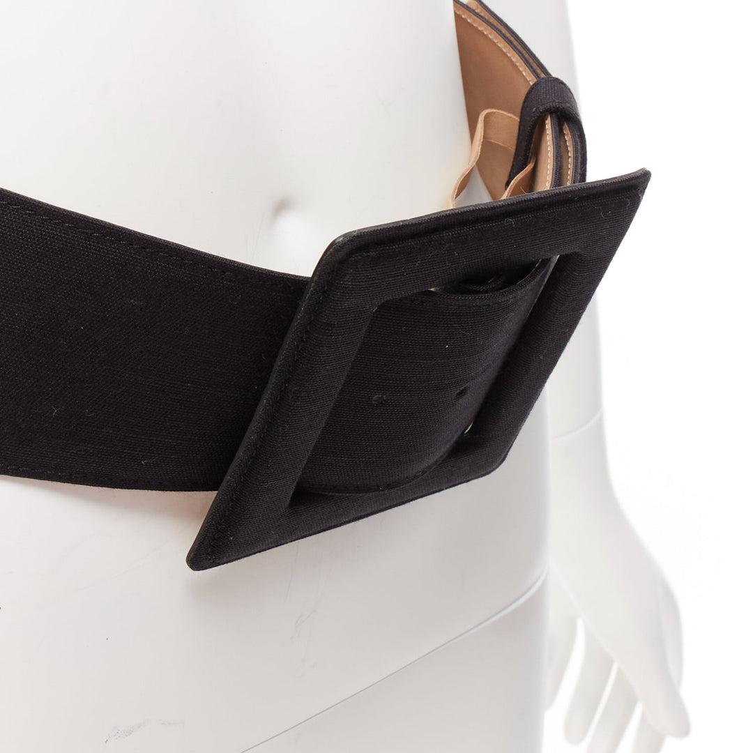 CAROLINA HERRERA black canvas nude leather lining wide big buckle belt S