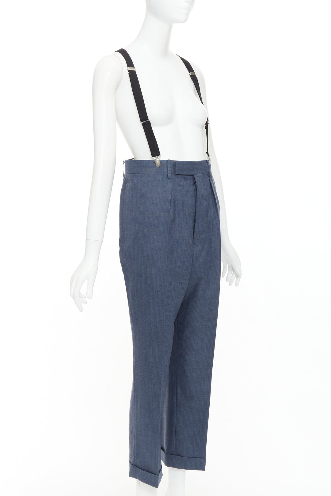 JUNYA WATANABE 2012 blue pinstripe black suspender high waisted harem pants M