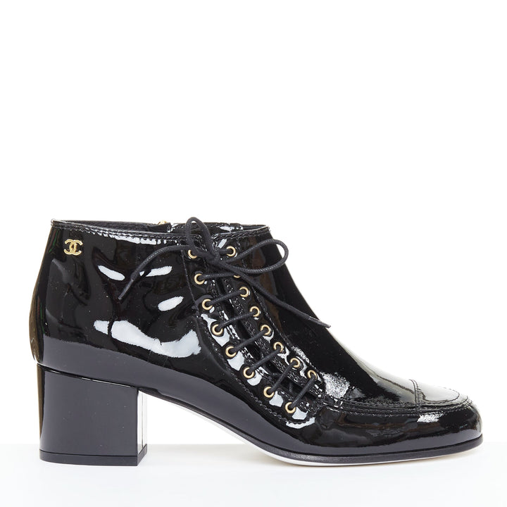 CHANEL 15A Paris-Salzburg Runway black patent gold CC lace-up ankle booties EU39