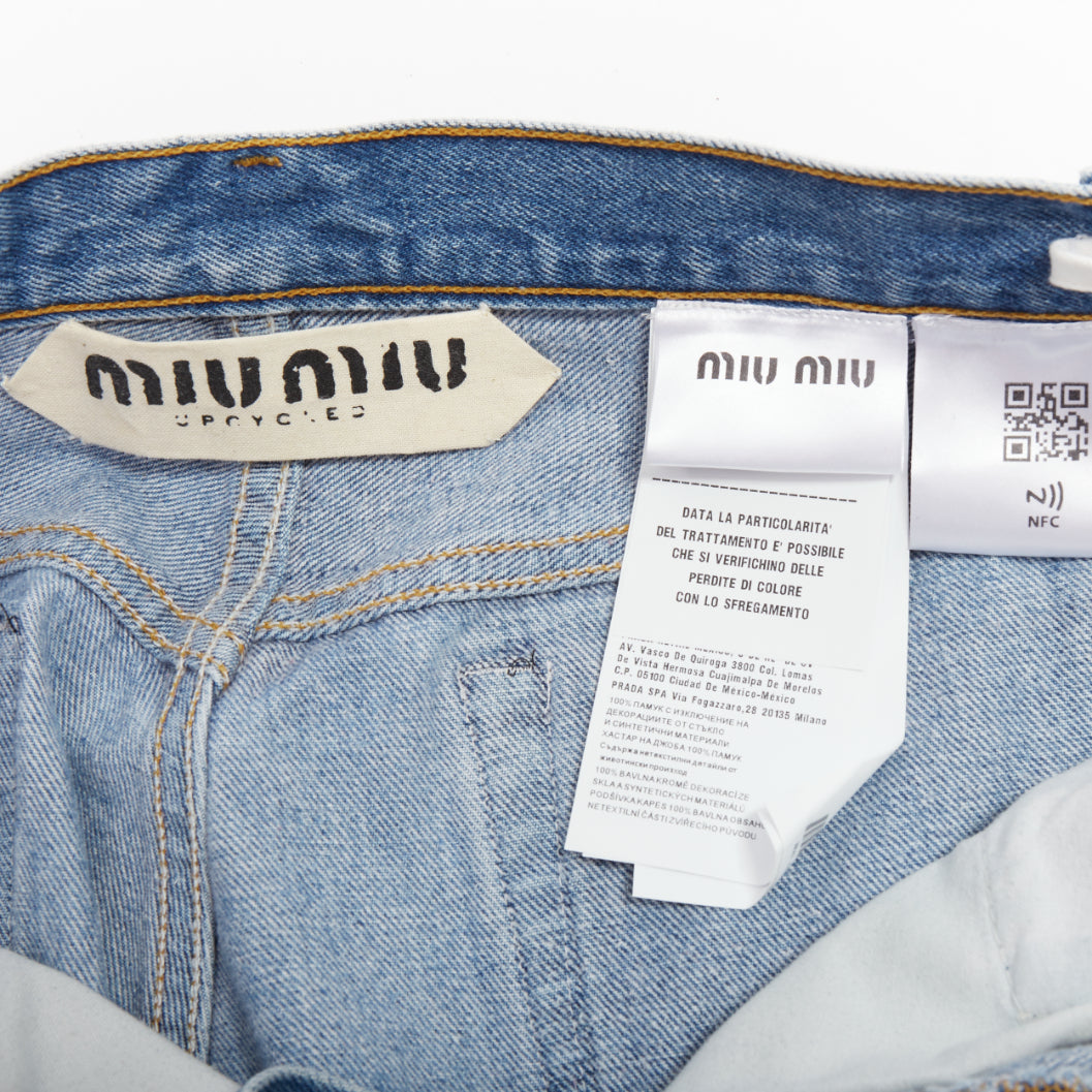rare MIU MIU LEVI'S 2021 washed denim pearl embellished cut off shorts 25"