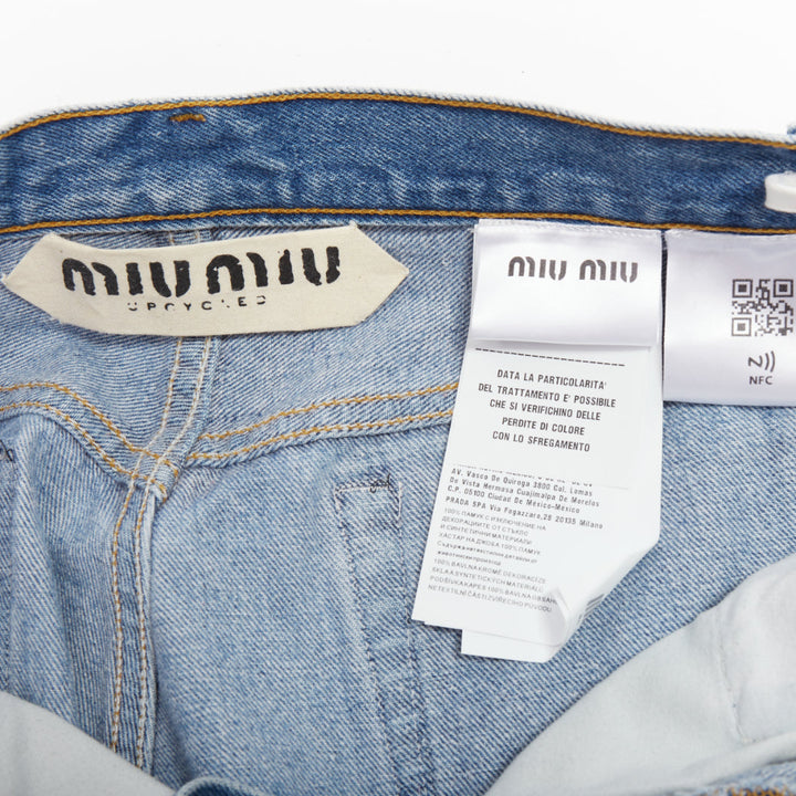 rare MIU MIU LEVI'S 2021 washed denim pearl embellished cut off shorts 25"