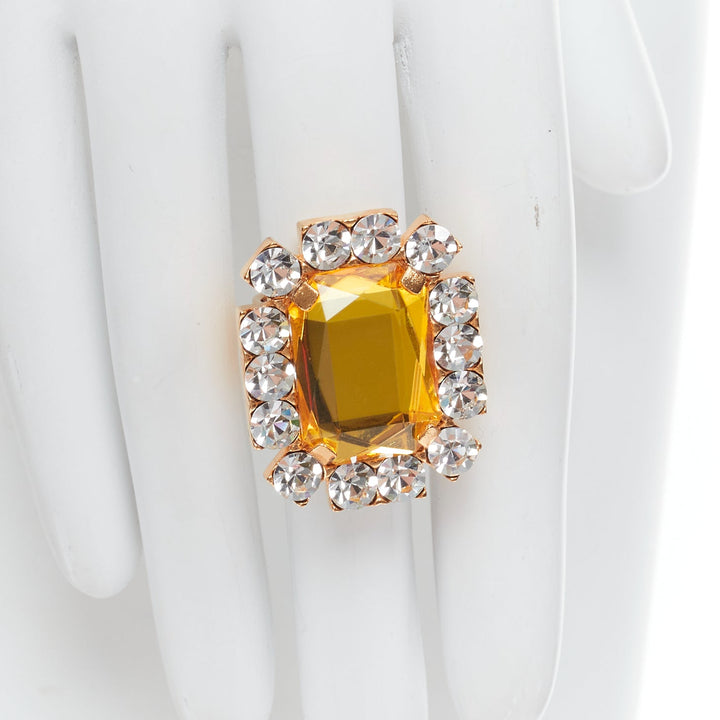 DRIES VAN NOTEN yellow big crystal clear gold tone setting cocktail ring