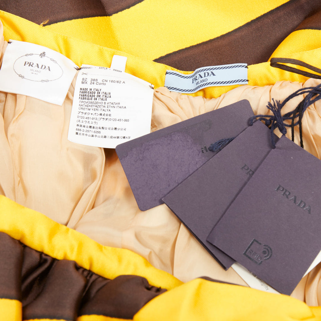 rare PRADA 2022 Raf Simons Tropica yellow brown  striped midi full skirt IT38 XS