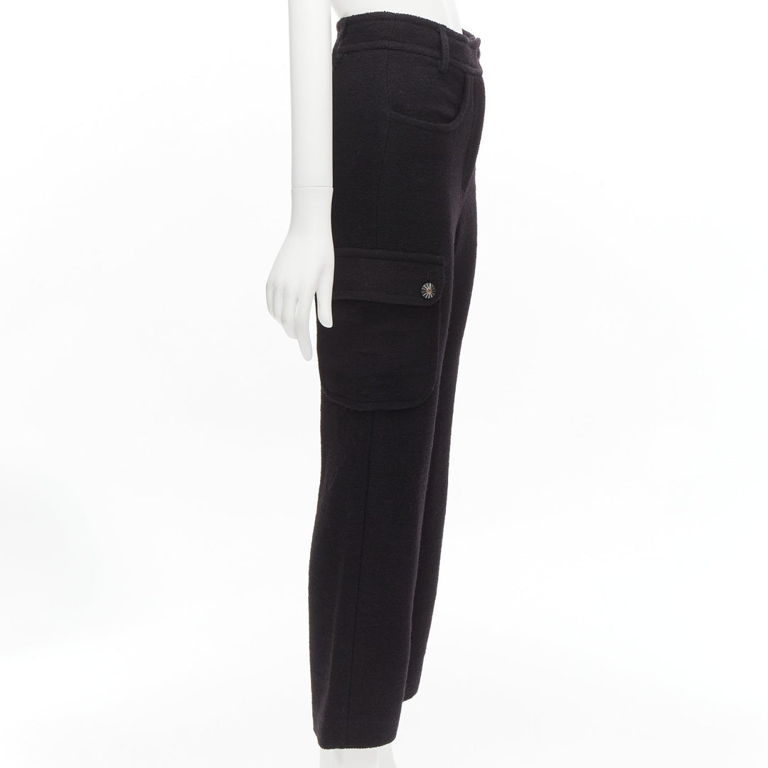 CHANEL black wool tweed silk lined cargo pocket pants FR34 XS