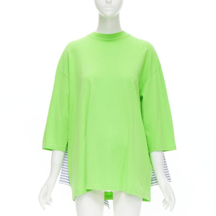 BALENCIAGA 2017 green tshirt blue striped shirt 2 way draped top FR34 XS