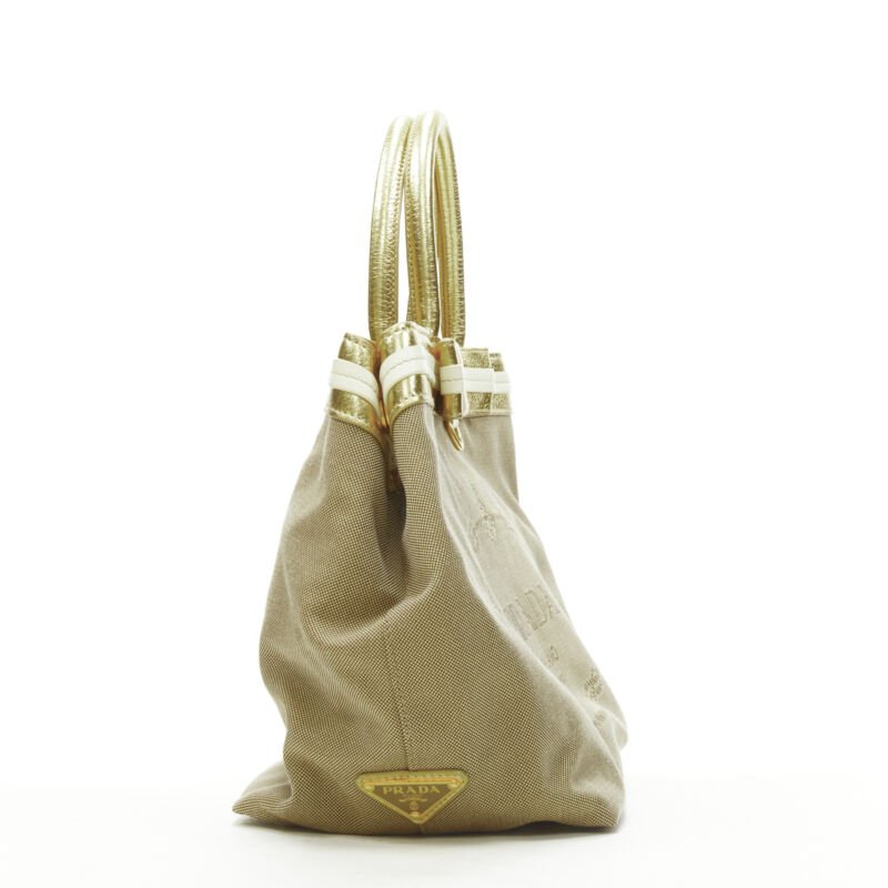 PRADA brown logo jacquard canvas metallic gold handle tote bag