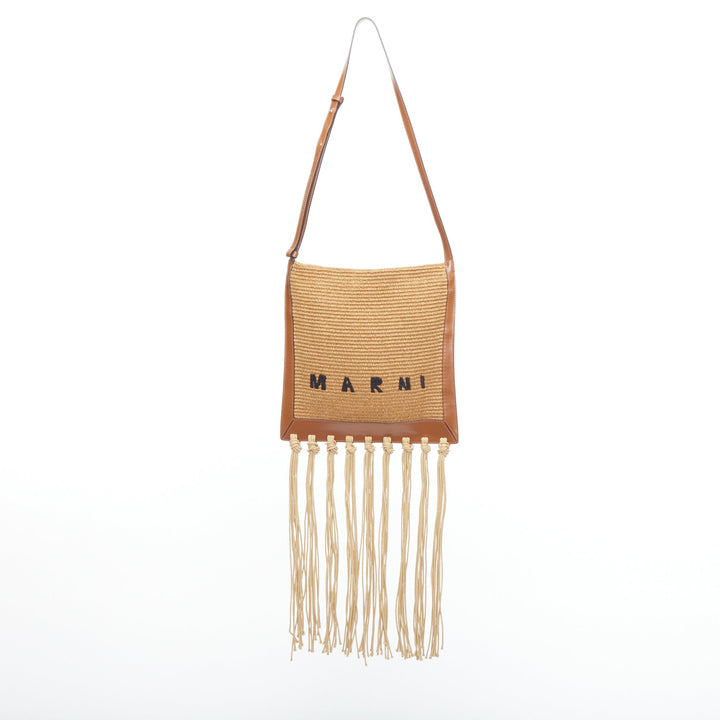 MARNI brown raffia fringe leather trim black logo crossbody bag