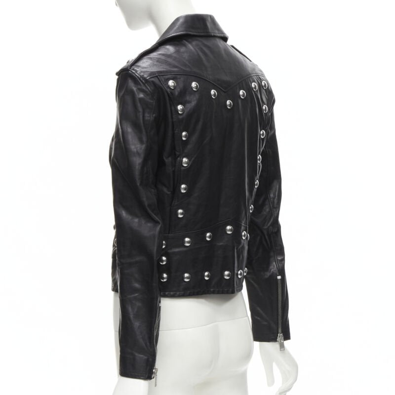 SAINT LAURENT Hedi Slimane 2014 black calf leather studded vintage biker FR38 XS