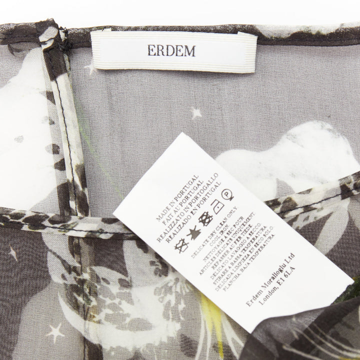 ERDEM 100% silk black yellow sheer floral waterfall frill babydoll top UK10 M