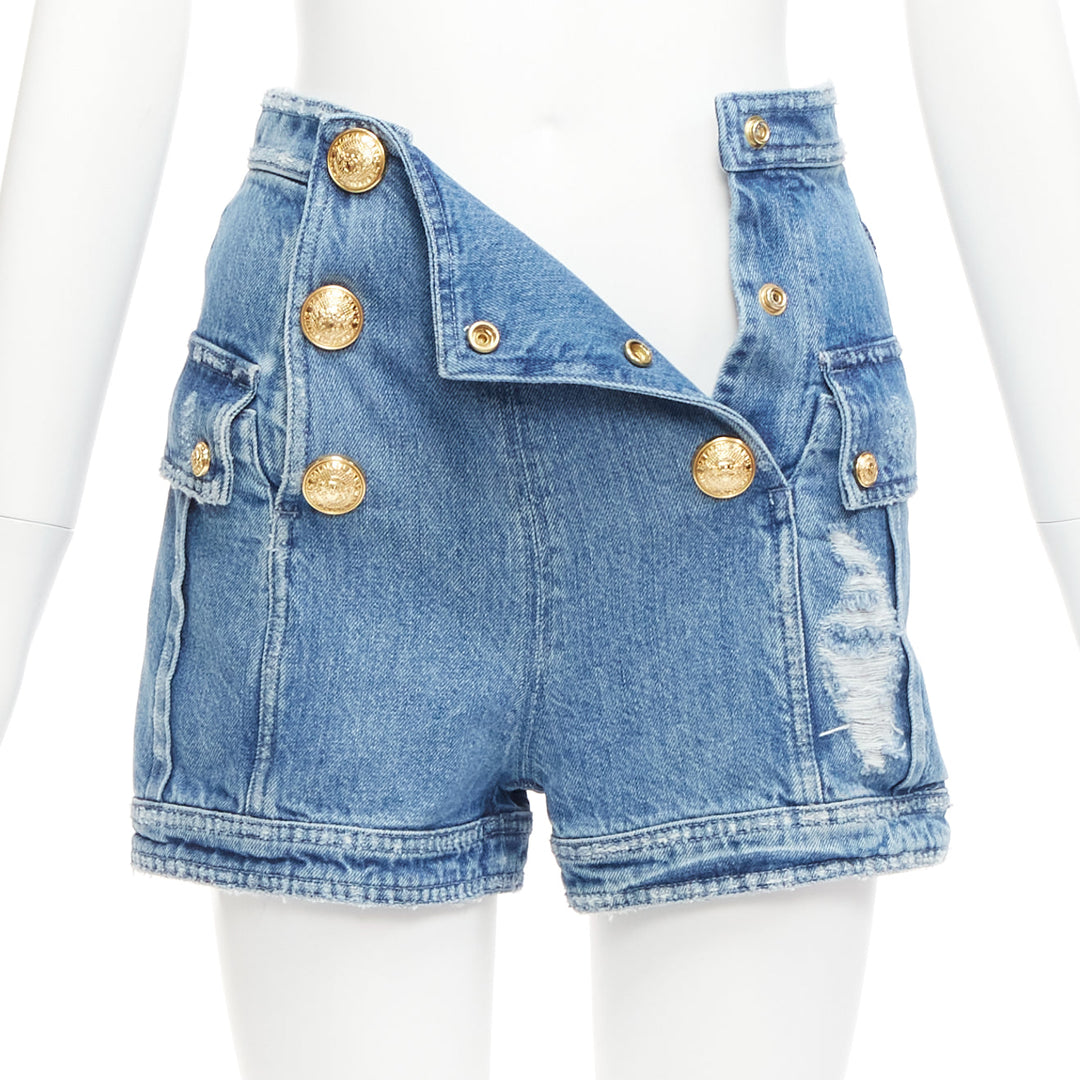 BALMAIN blue distressed denim gold buttons high waisted cargo shorts FR34 XS
