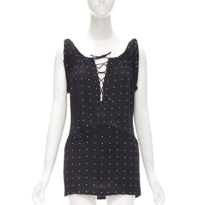 GUCCI black white polka dot cursive logo print laced front mini dress IT38 XS