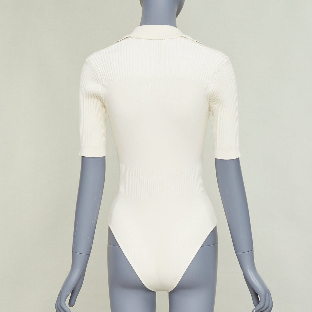 JACQUEMUS Le Body Yauco ivory viscose blend ribbed knit polo bodysuit top FR36 S