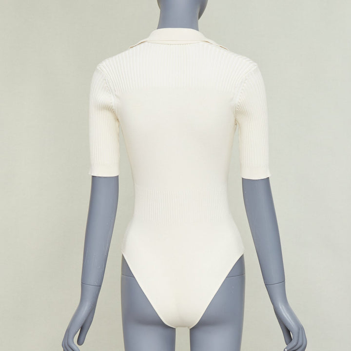JACQUEMUS Le Body Yauco ivory viscose blend ribbed knit polo bodysuit top FR36 S