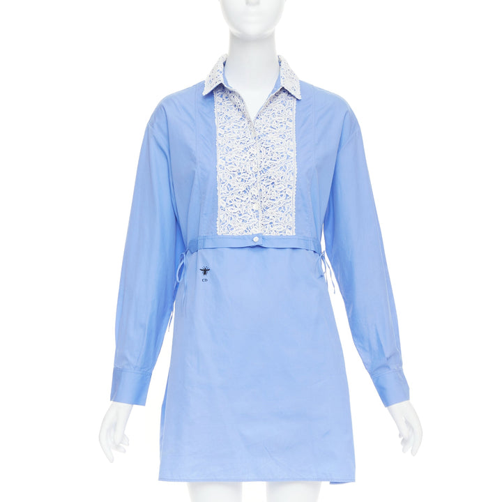 CHRISTIAN DIOR 2021 blue white lace plastron bib belted tunic shirt dress FR38 M