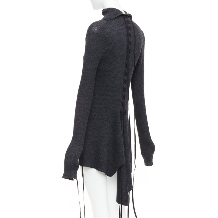 Y'S YOHJI YAMAMOTO grey  wool laced up hi low handkerchief turtleneck top JP2 M