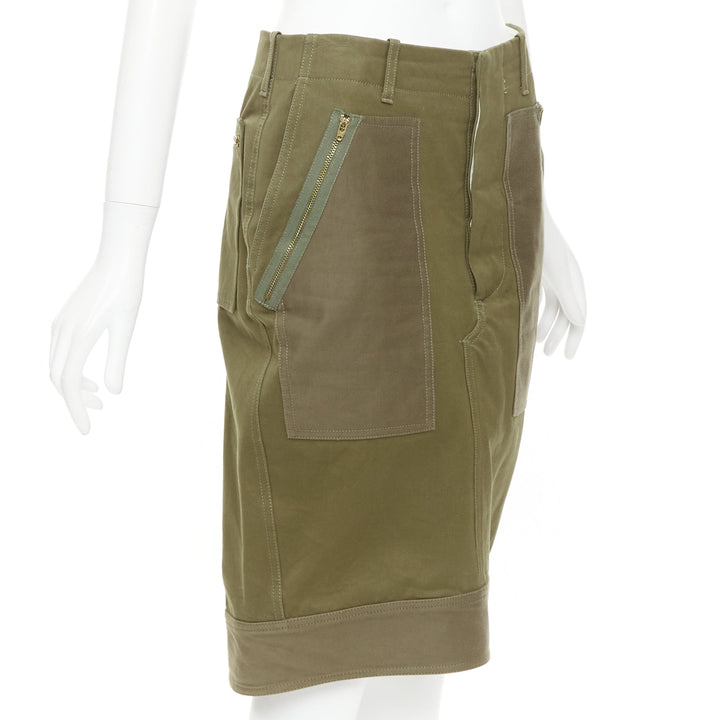 CELINE 2010 khaki green cotton patchwork pocket zipper cargo skirt FR40 L