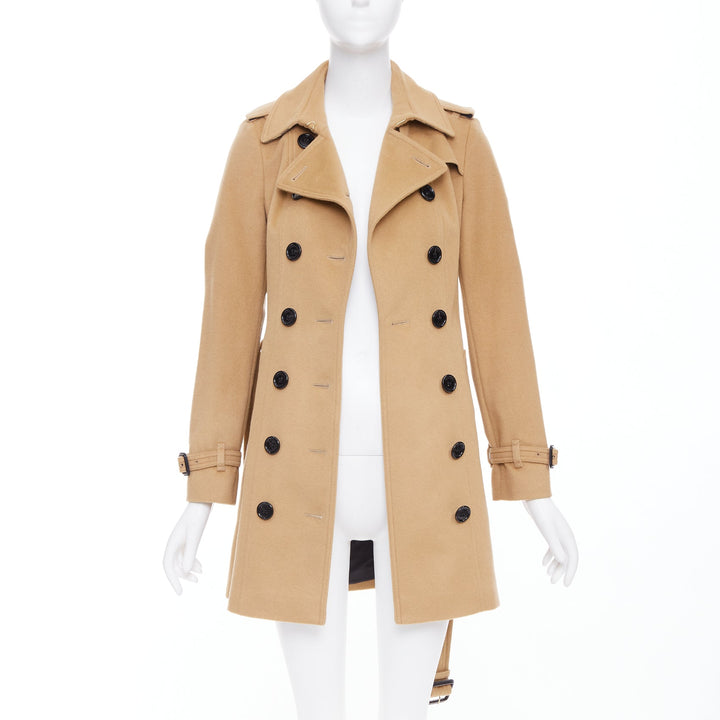 BURBERRY camel wool cashmere black logo buttons classic trench coat UK4 XXS